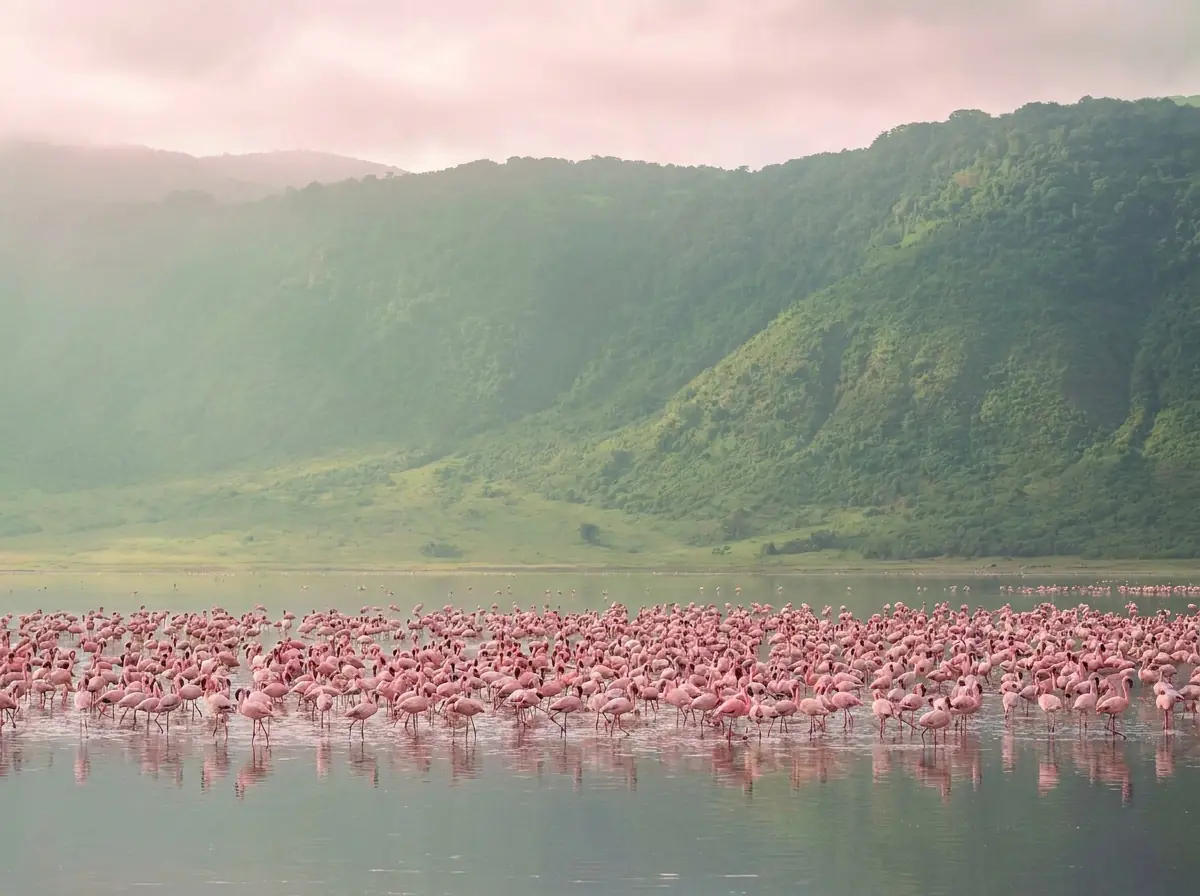 Flamingos on the soda lake of the Ngorongoro crater floor