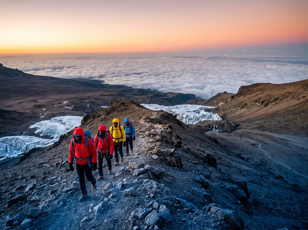Trekkers on a Kilimanjaro ridge above the clouds