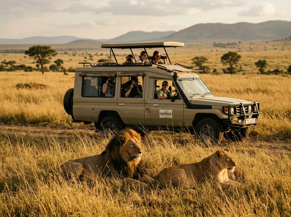Safari vehicle beside lions in golden grass