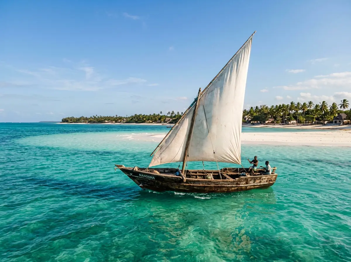 Dhow sailing on turquoise water off Zanzibar
