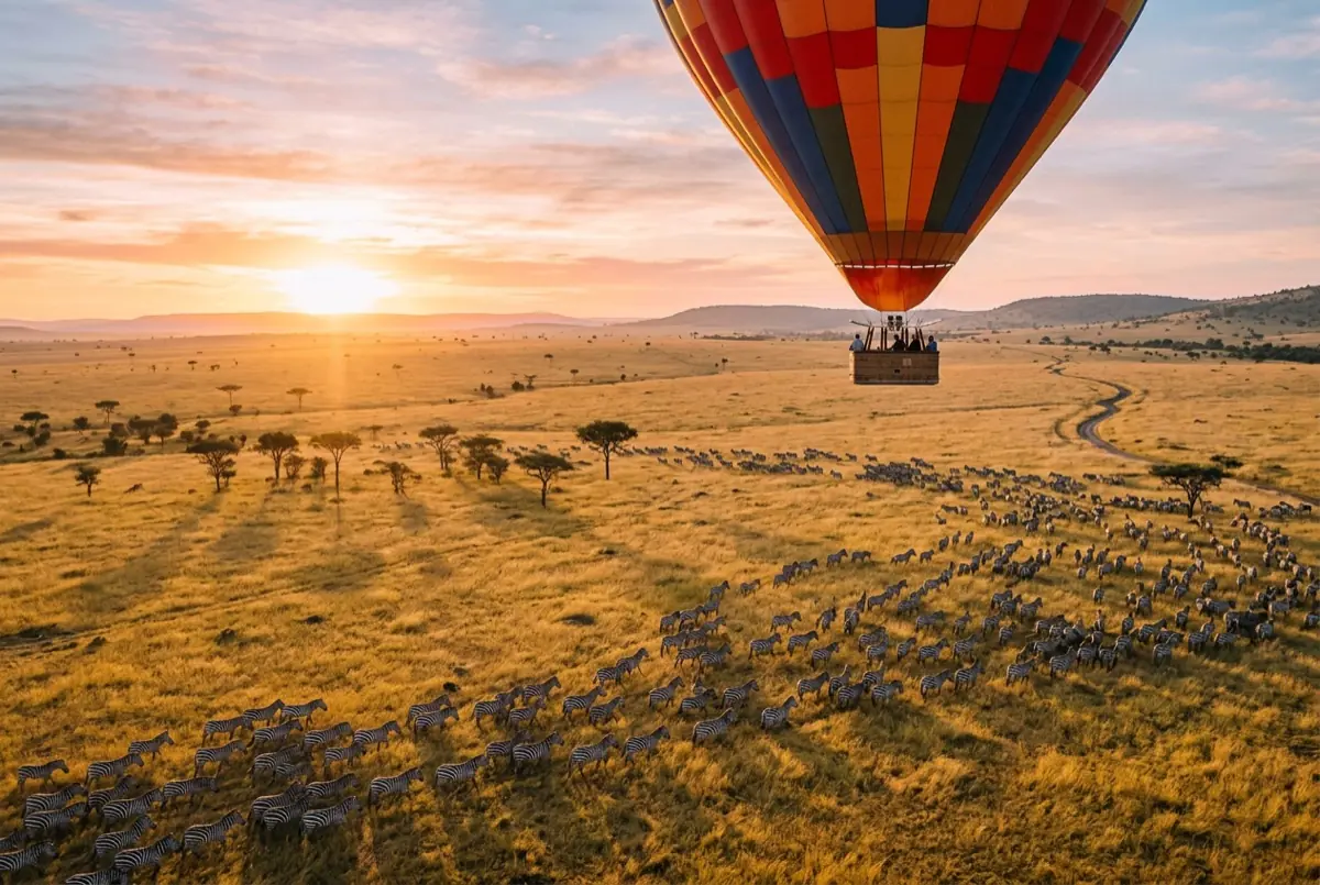 Hot air balloon over the Serengeti at dawn