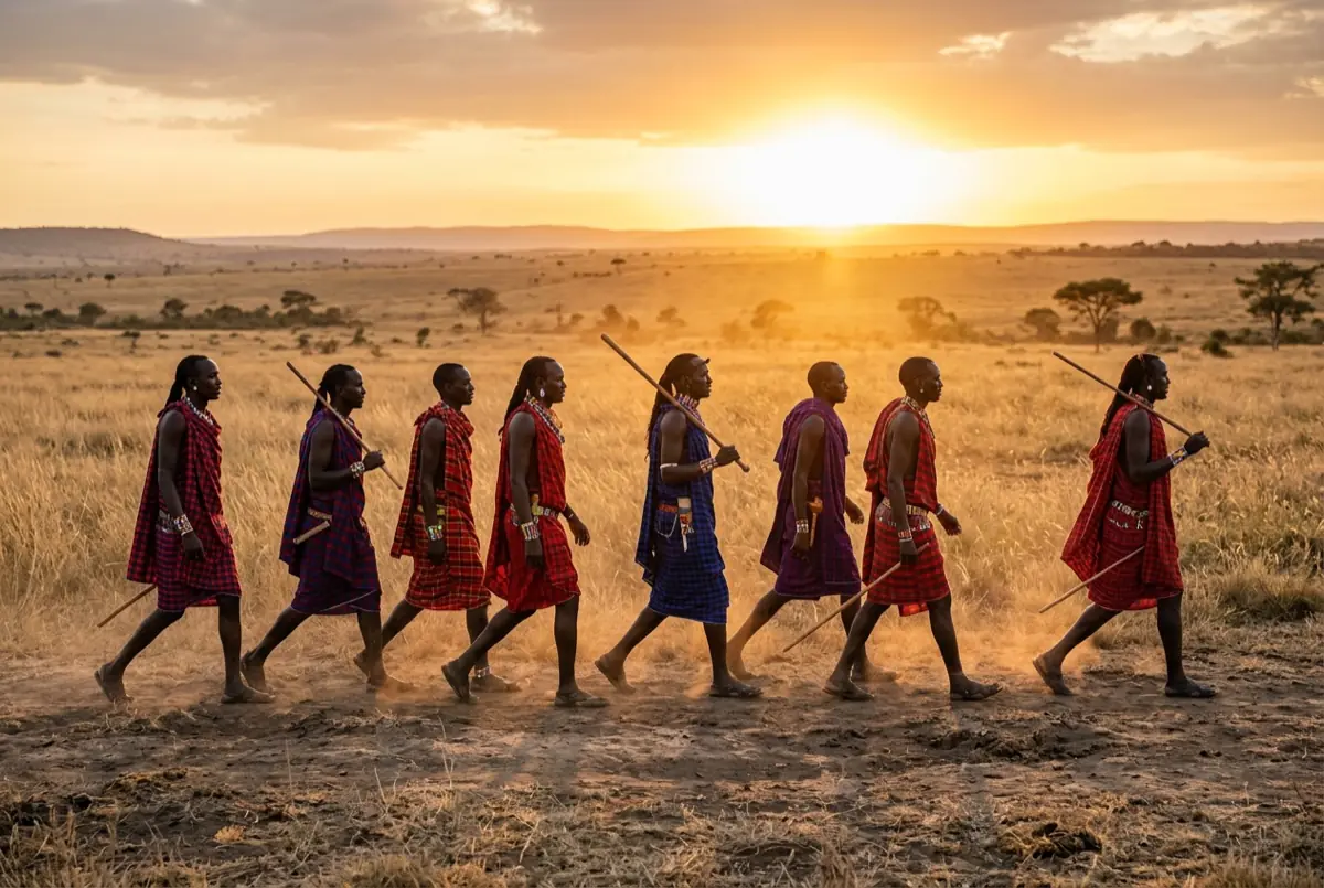 Maasai men walking across the savannah
