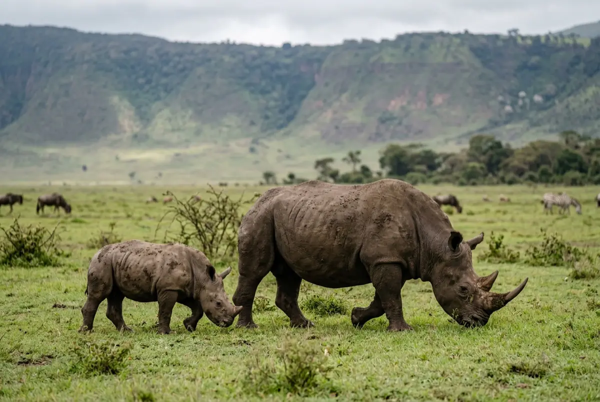 Black rhino and calf on the crater floor