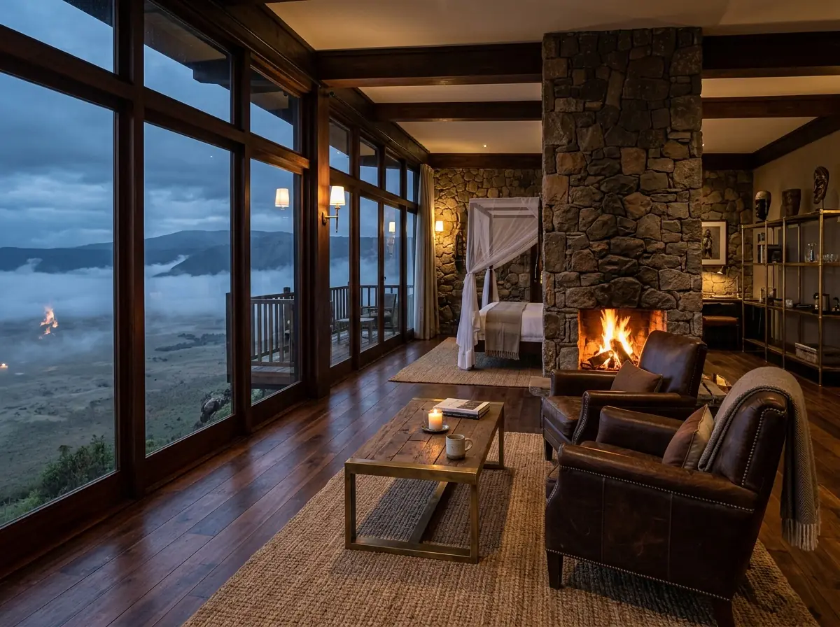 Crater rim lodge suite with fireplace and panoramic window