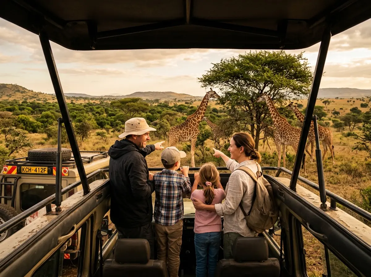 Family watching giraffes from a safari vehicle
