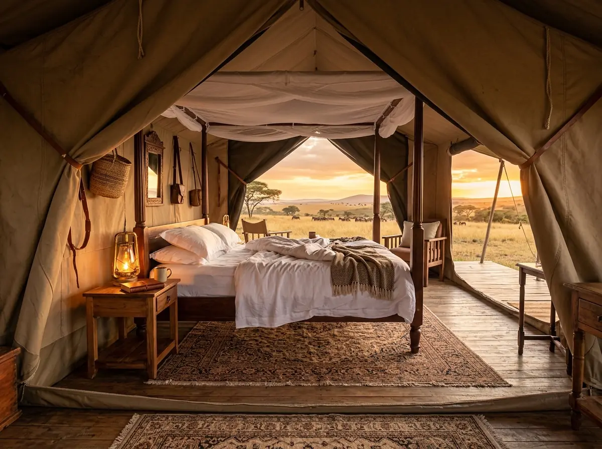 Kit laid out inside a tented camp
