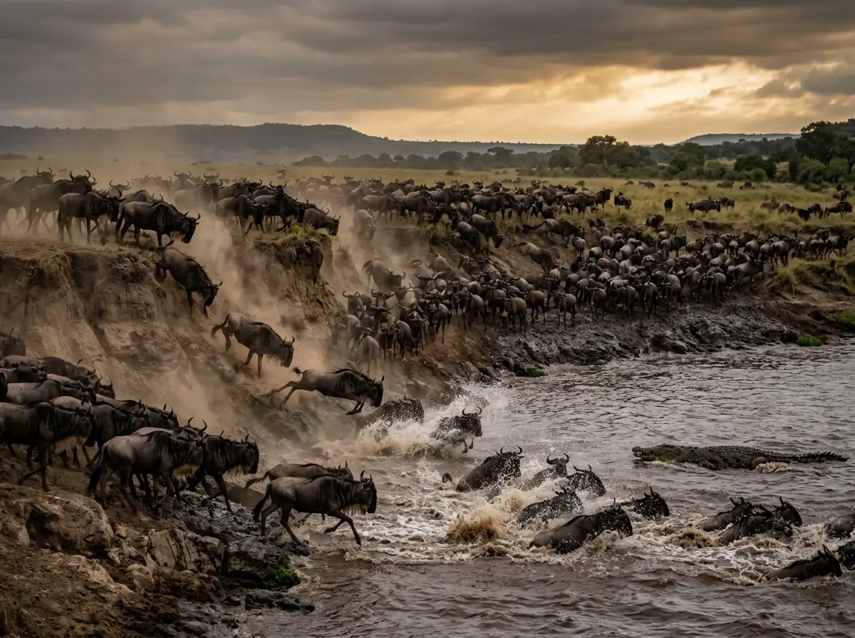 Wildebeest crossing the Mara River