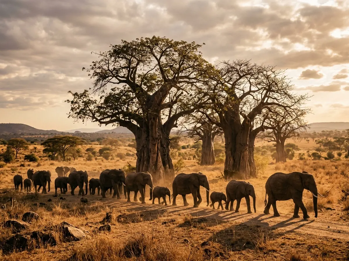 Elephants beneath baobab trees in Tarangire